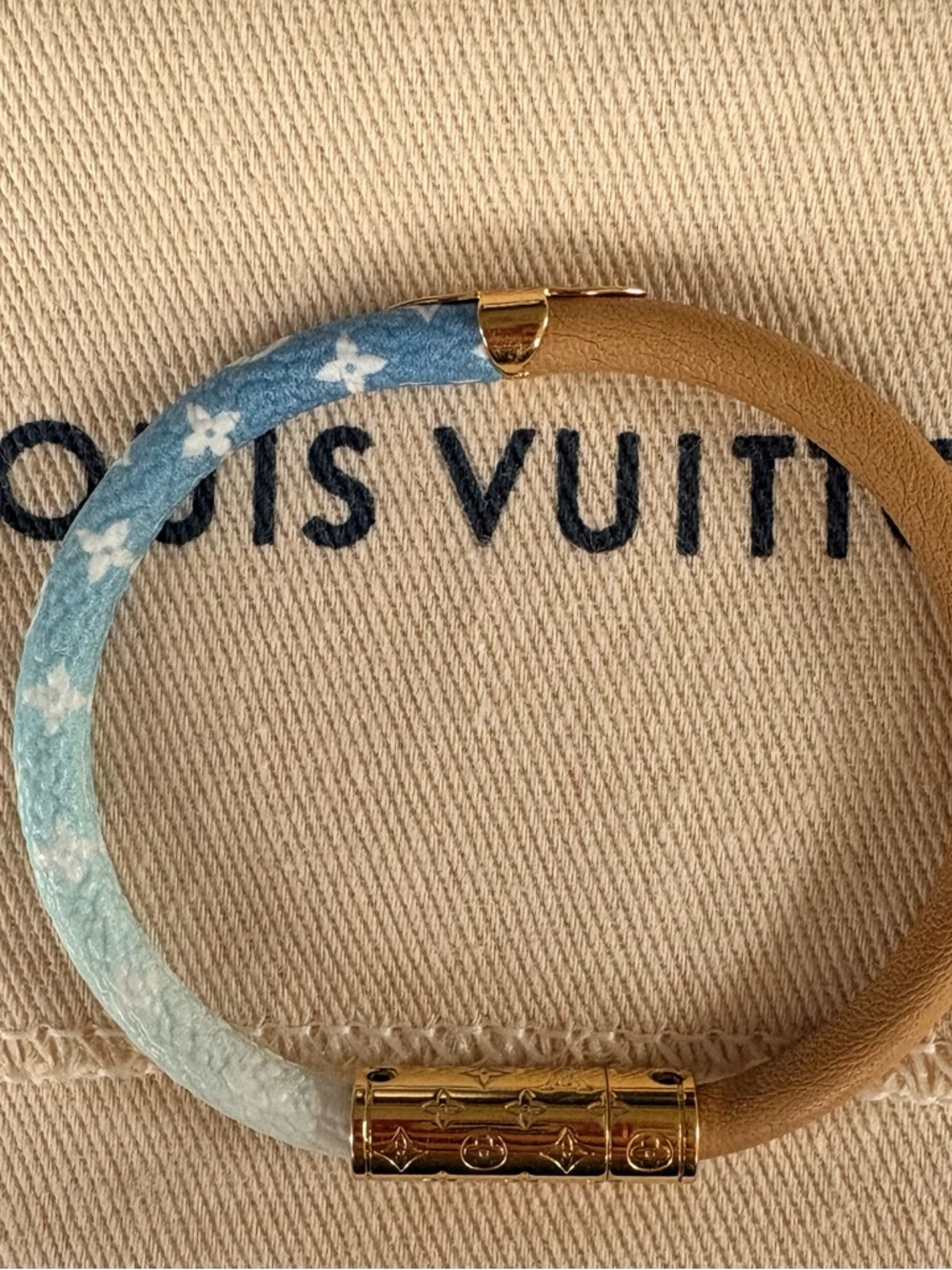 Louis Vuitton Monogram Daily Confidential Bracelet Blue & Tan with Gold Hardware - Picture 1 of 12